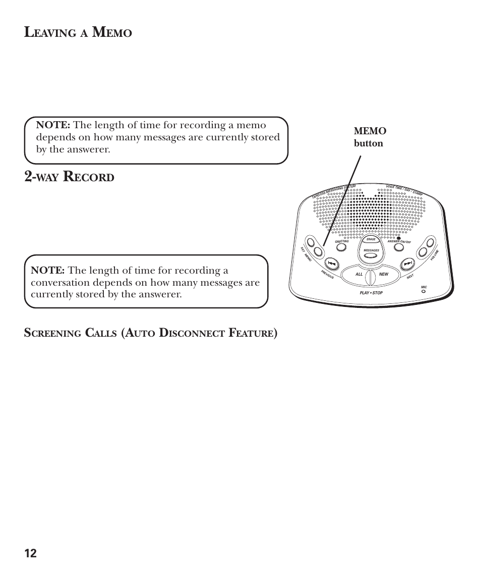 Leaving a memo, Way record, Screening calls (auto disconnect feature) | Eaving, Ecord, Creening, Alls, Isconnect, Eature | GE 15380380 User Manual | Page 12 / 20