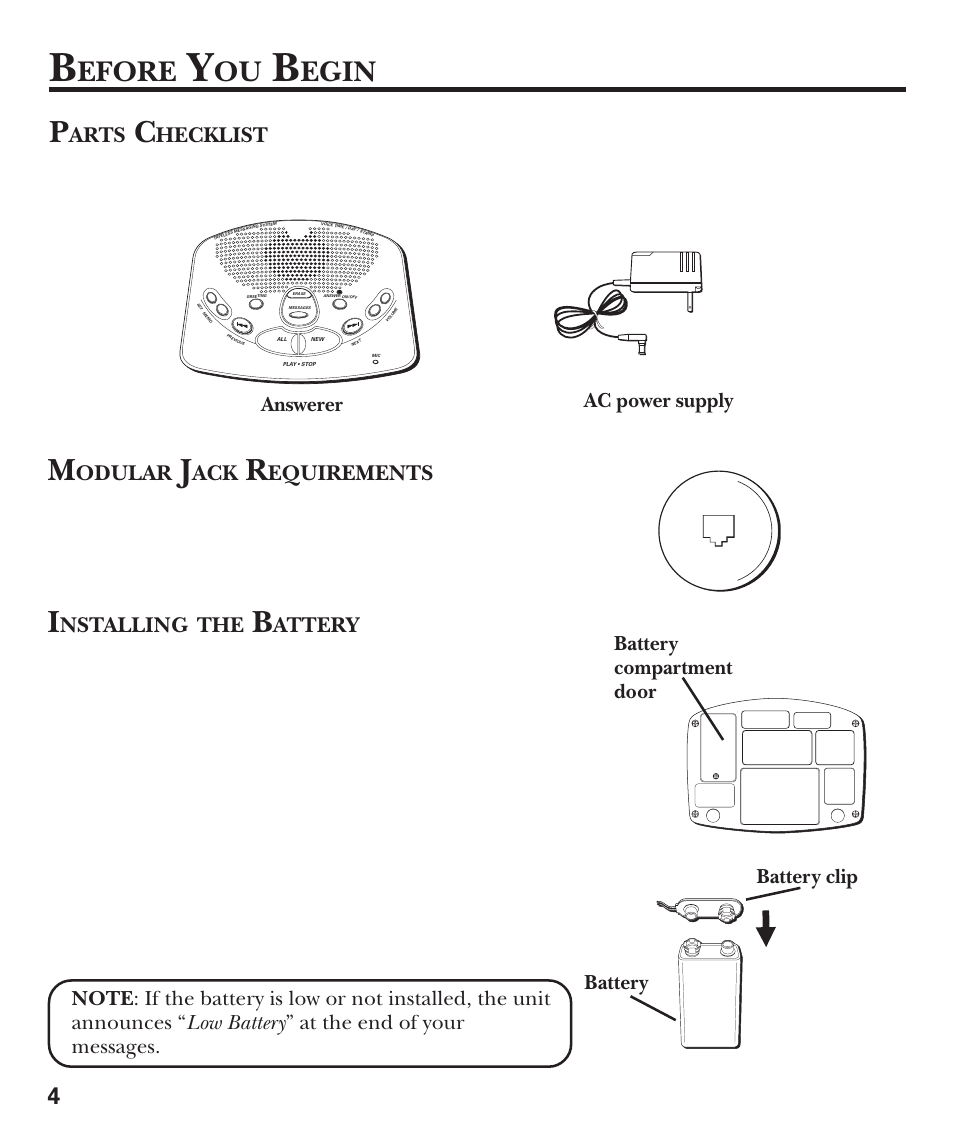 Installing the battery, Efore, Egin | Arts, Hecklist, Odular, Equirements, Nstalling, Attery, Answerer battery compartment door | GE 15380380 User Manual | Page 4 / 20
