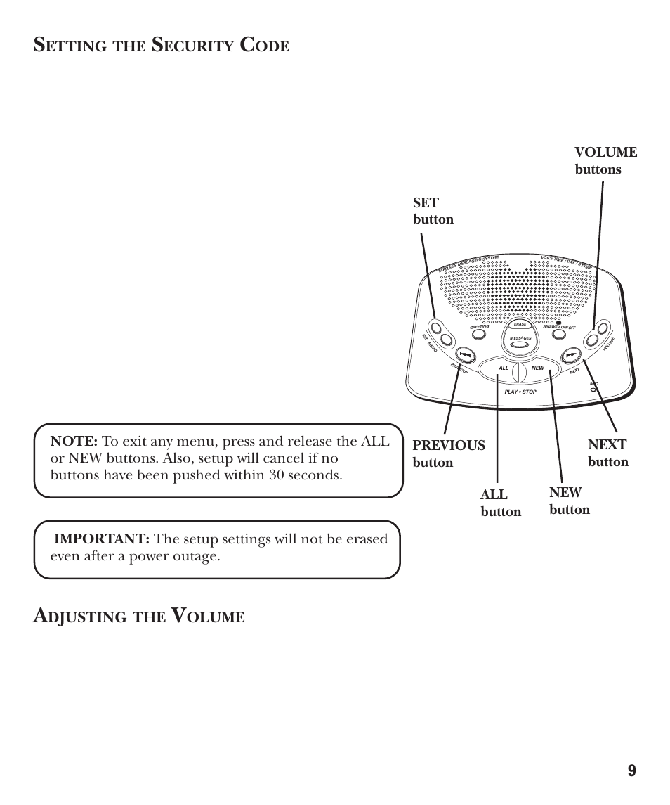 Setting the security code, Adjusting the volume, Etting | Ecurity, Djusting, Olume, Previous button set button next button | GE 15380380 User Manual | Page 9 / 20