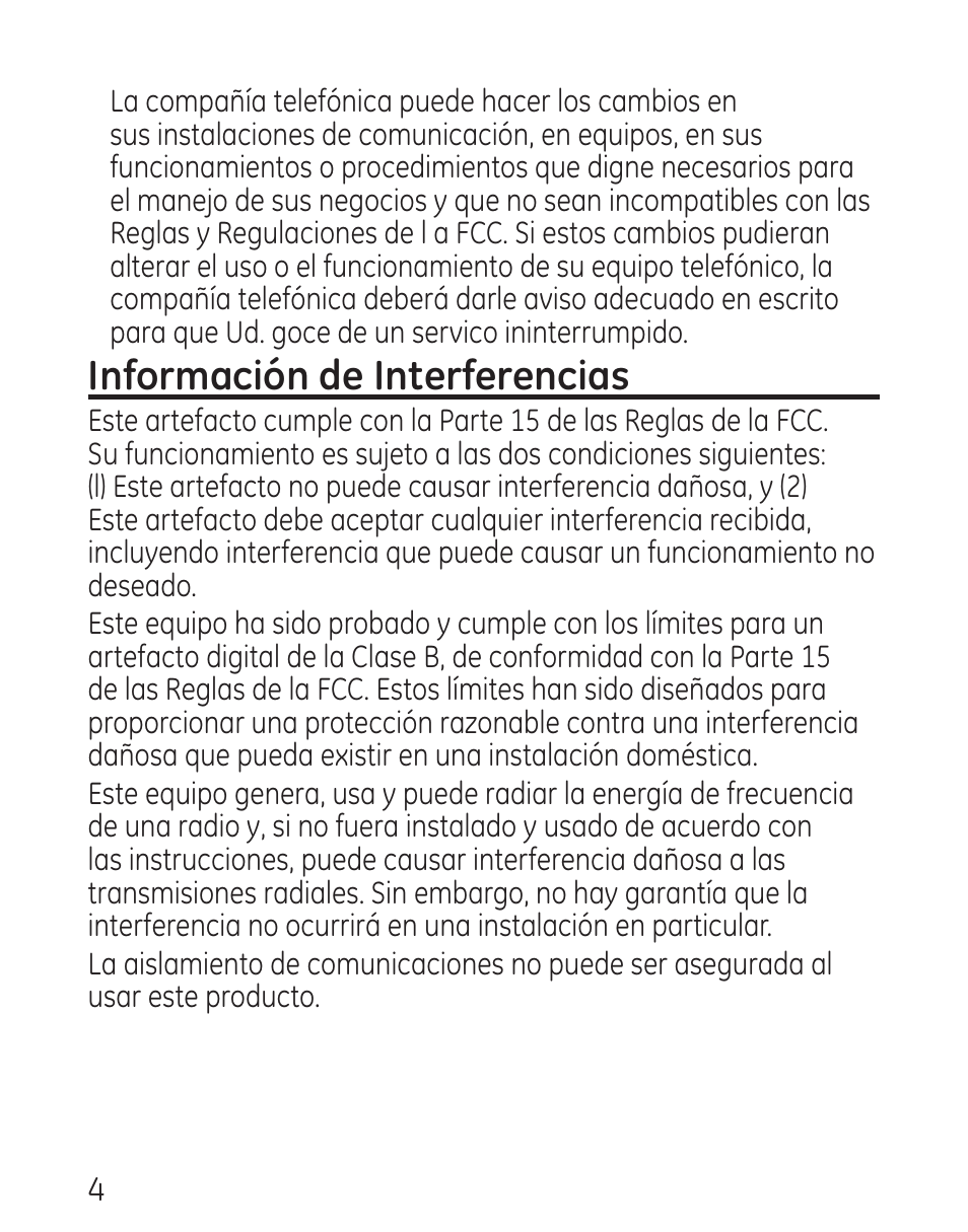 Información de interferencias | GE 29115 Series User Manual | Page 102 / 196