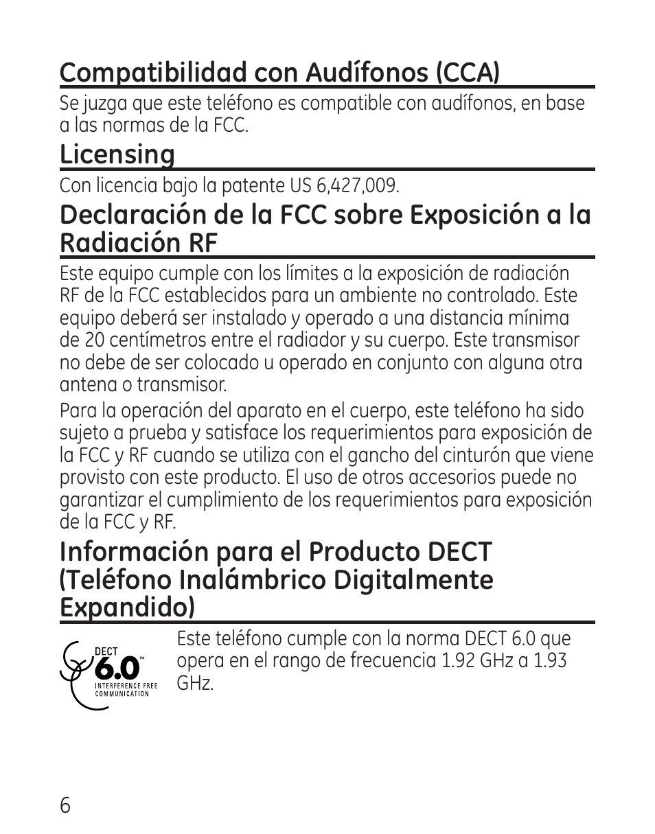 Compatibilidad con audífonos (cca), Licensing | GE 29115 Series User Manual | Page 104 / 196