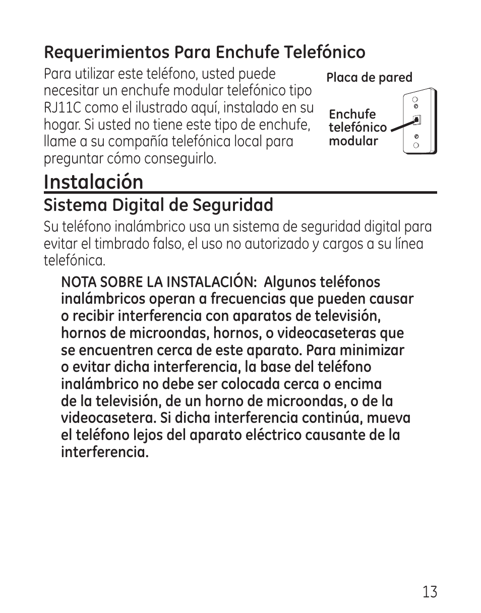 Instalación, Requerimientos para enchufe telefónico, Sistema digital de seguridad | GE 29115 Series User Manual | Page 111 / 196