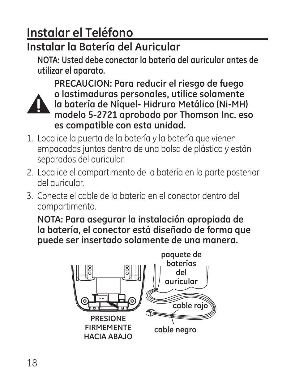 Instalar el teléfono, Instalar la batería del auricular | GE 29115 Series User Manual | Page 116 / 196