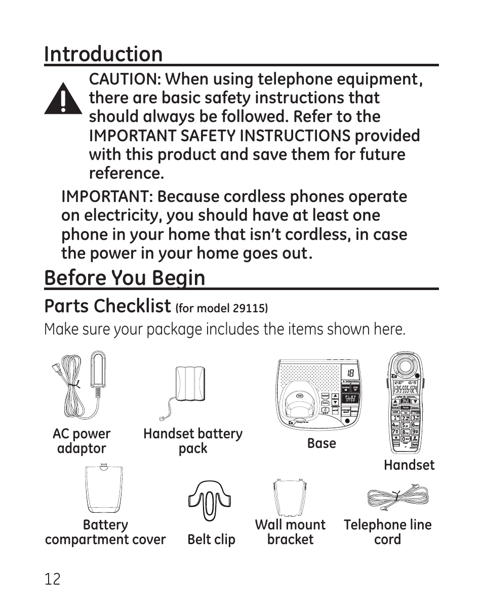 Introduction, Before you begin, Parts checklist | GE 29115 Series User Manual | Page 12 / 196