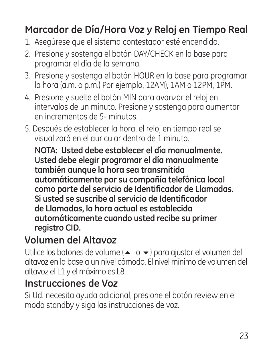 Marcador de día/hora voz y reloj en tiempo real, Volumen del altavoz, Instrucciones de voz | GE 29115 Series User Manual | Page 121 / 196