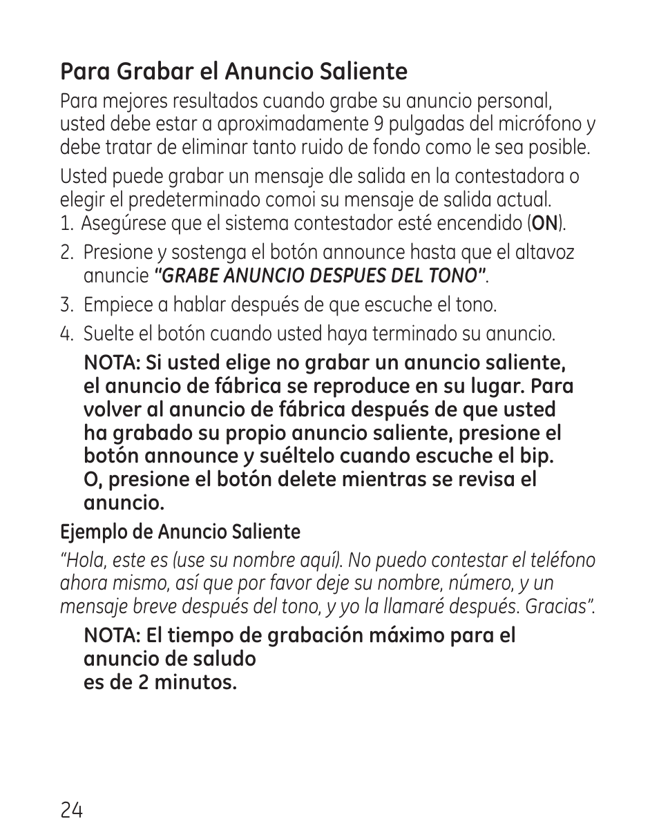 Para grabar el anuncio saliente | GE 29115 Series User Manual | Page 122 / 196