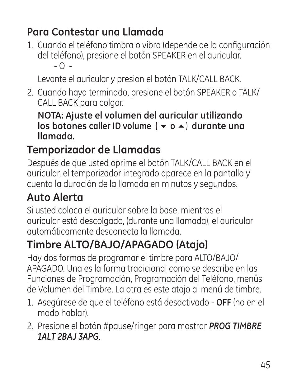 Temporizador de llamadas, Auto alerta, Timbre alto/bajo/apagado (atajo) | GE 29115 Series User Manual | Page 143 / 196