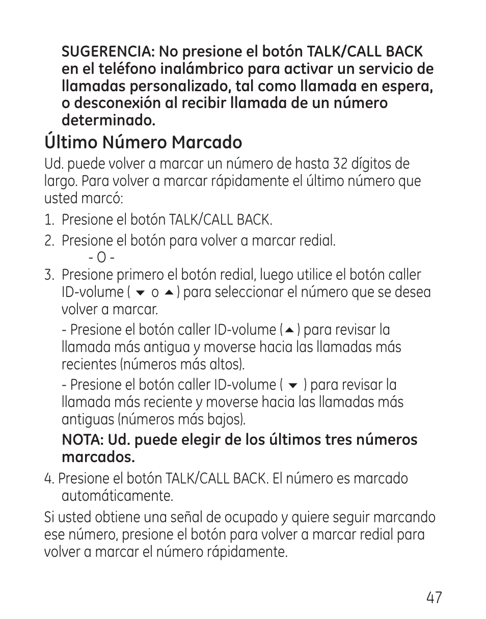 Último número marcado | GE 29115 Series User Manual | Page 145 / 196