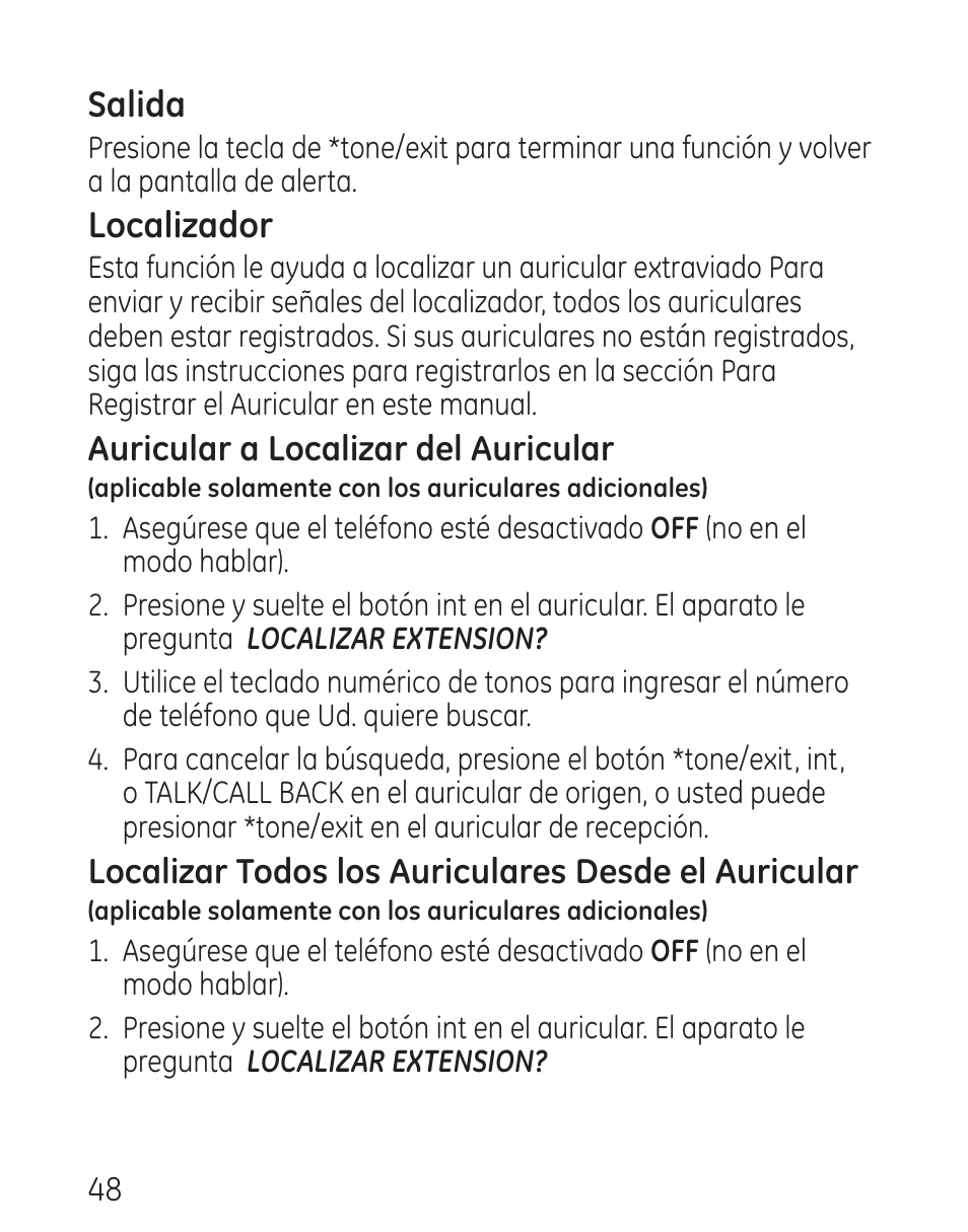 Salida, Localizador | GE 29115 Series User Manual | Page 146 / 196