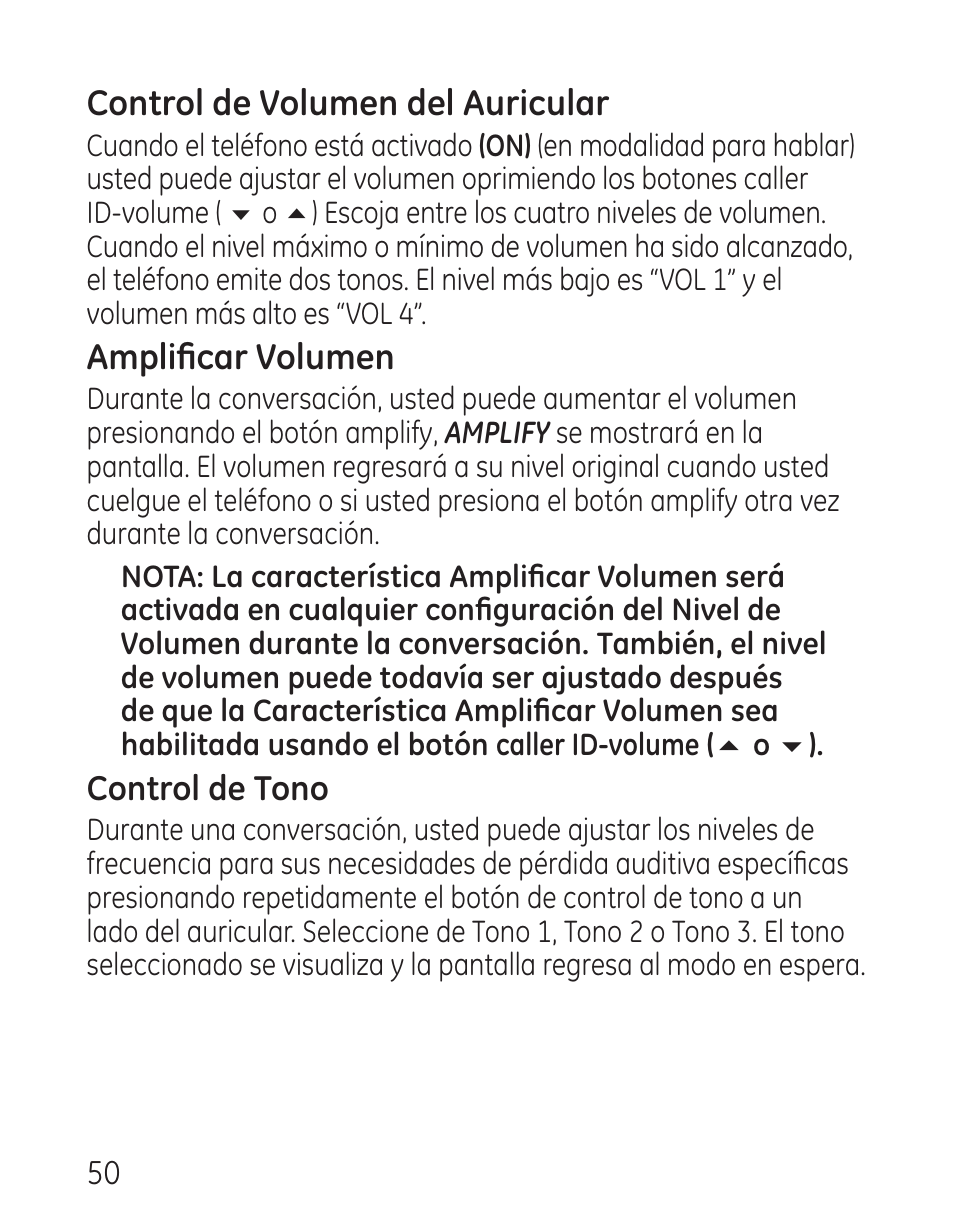 Control de volumen del auricular, Amplificar volumen | GE 29115 Series User Manual | Page 148 / 196