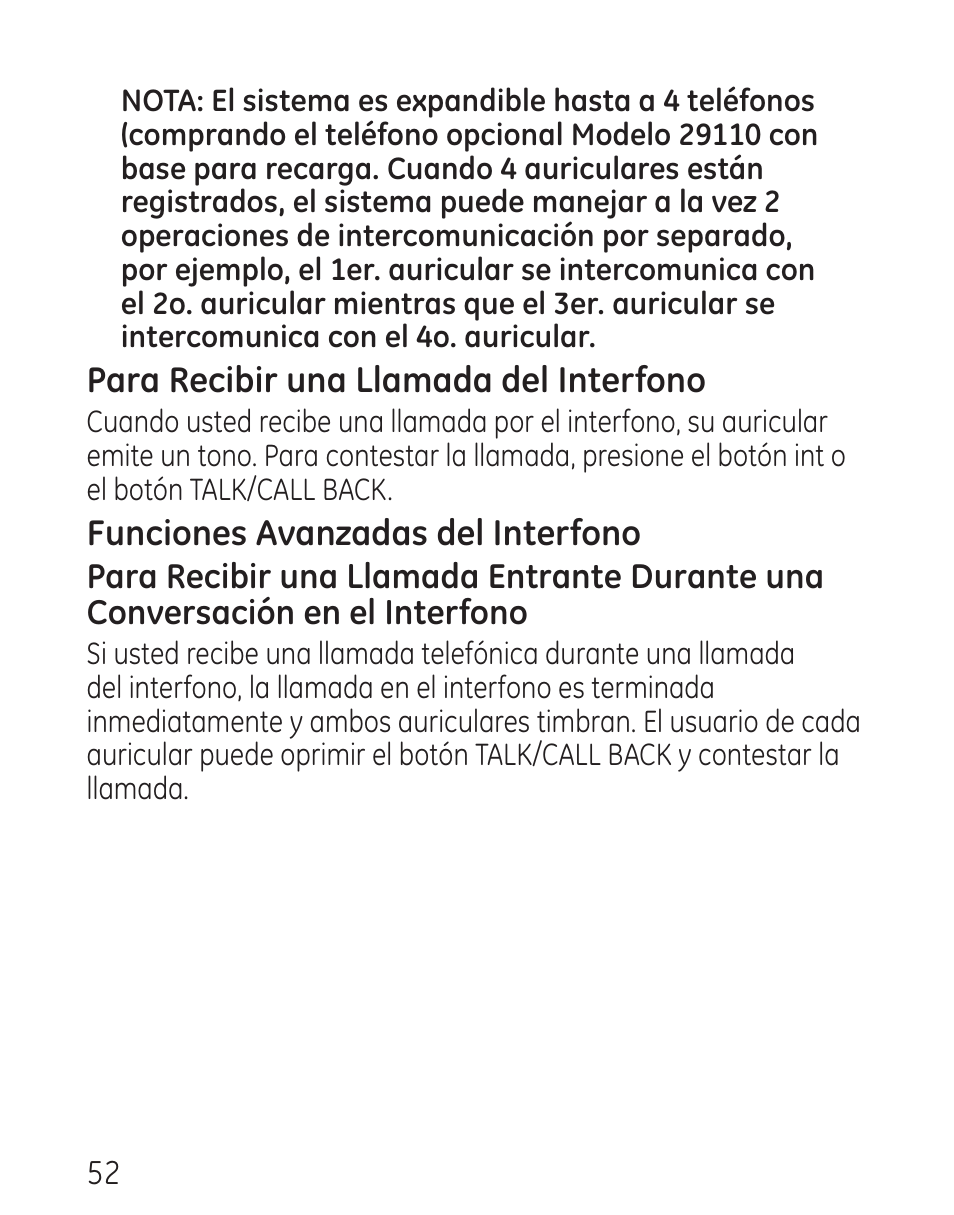 Para recibir una llamada del interfono, Funciones avanzadas del interfono | GE 29115 Series User Manual | Page 150 / 196