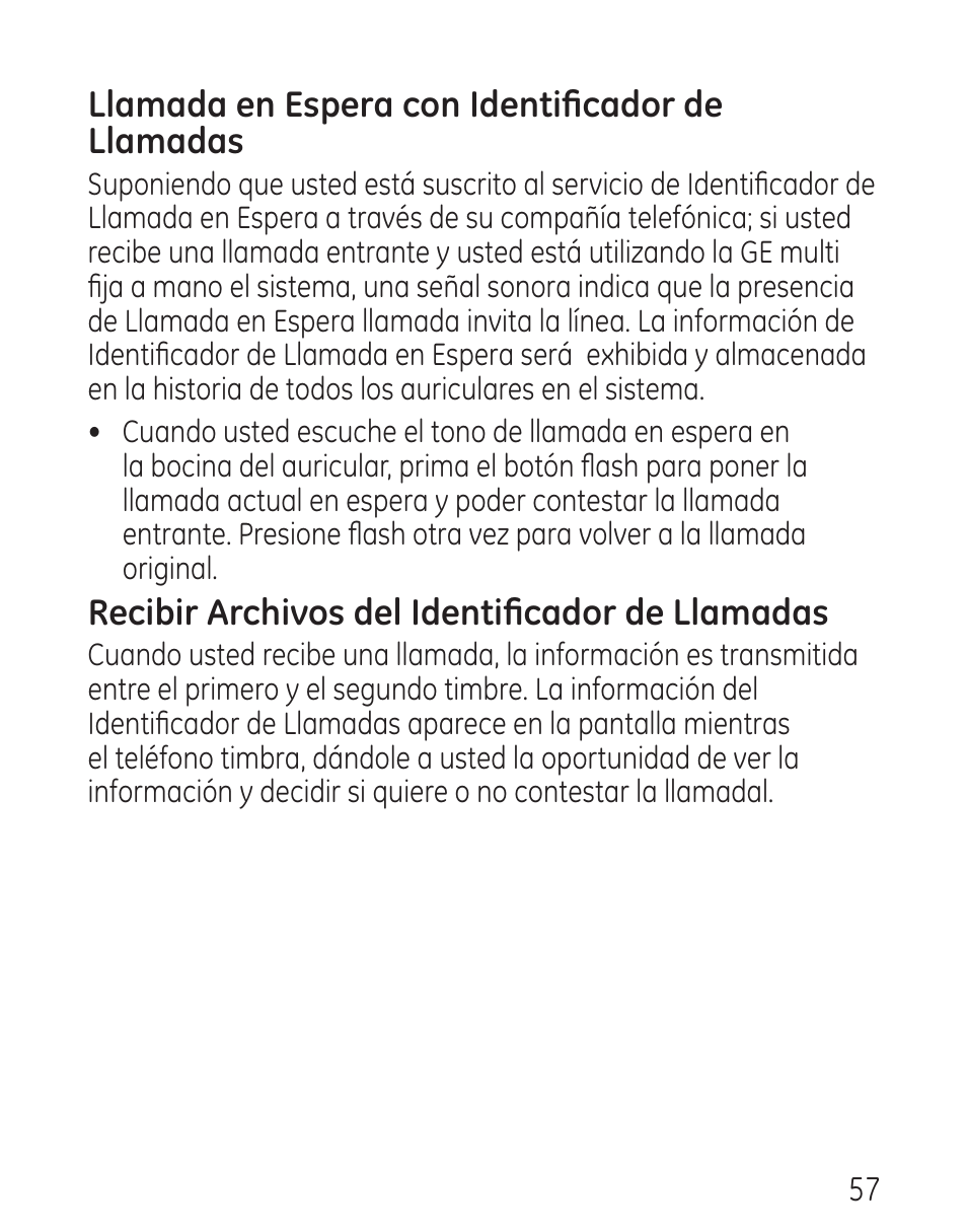 Llamada en espera con identificador de llamadas, Recibir archivos del identificador de llamadas | GE 29115 Series User Manual | Page 155 / 196