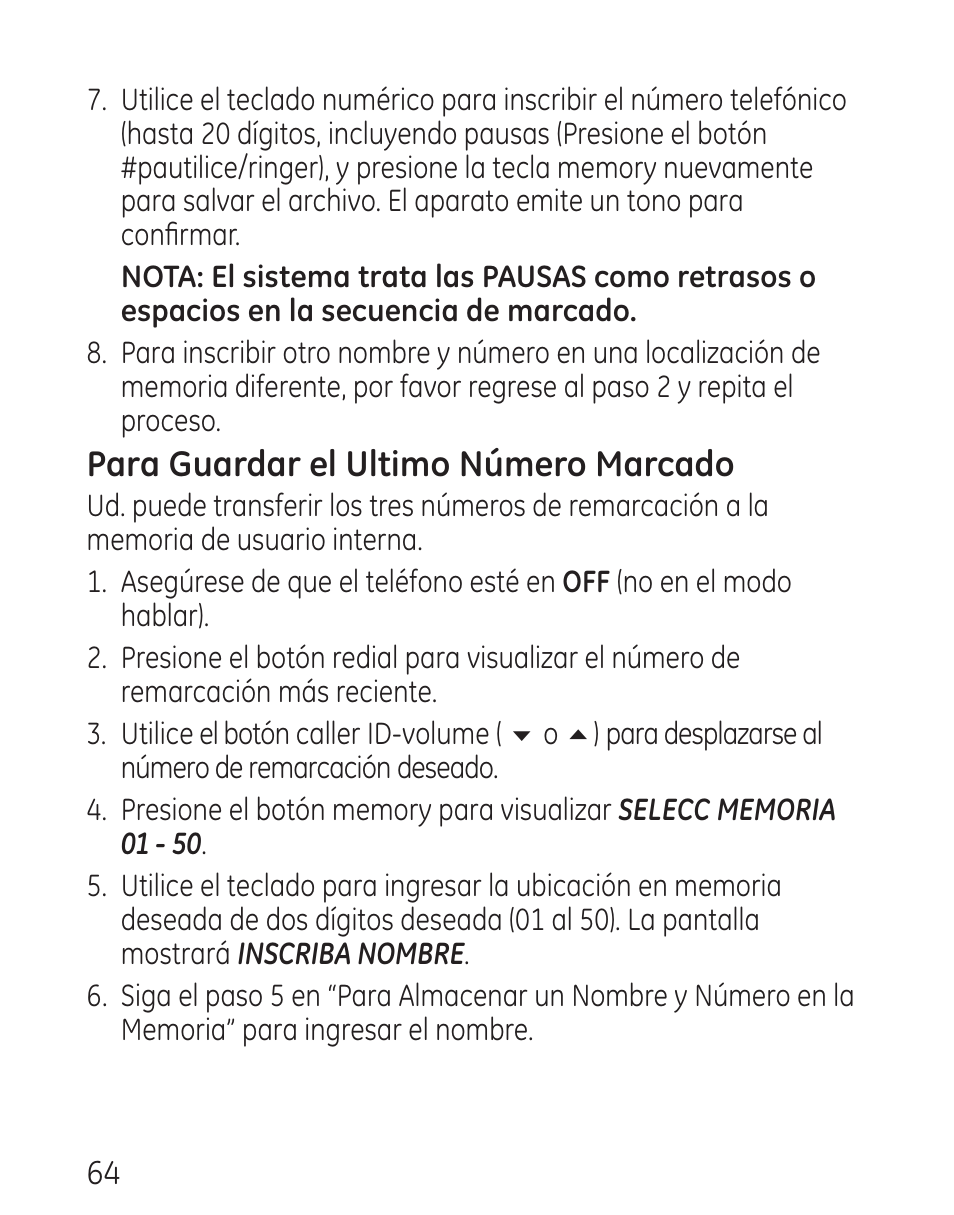 Para guardar el ultimo número marcado | GE 29115 Series User Manual | Page 162 / 196