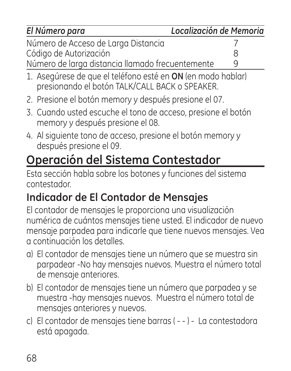 Operación del sistema contestador, Indicador de el contador de mensajes | GE 29115 Series User Manual | Page 166 / 196