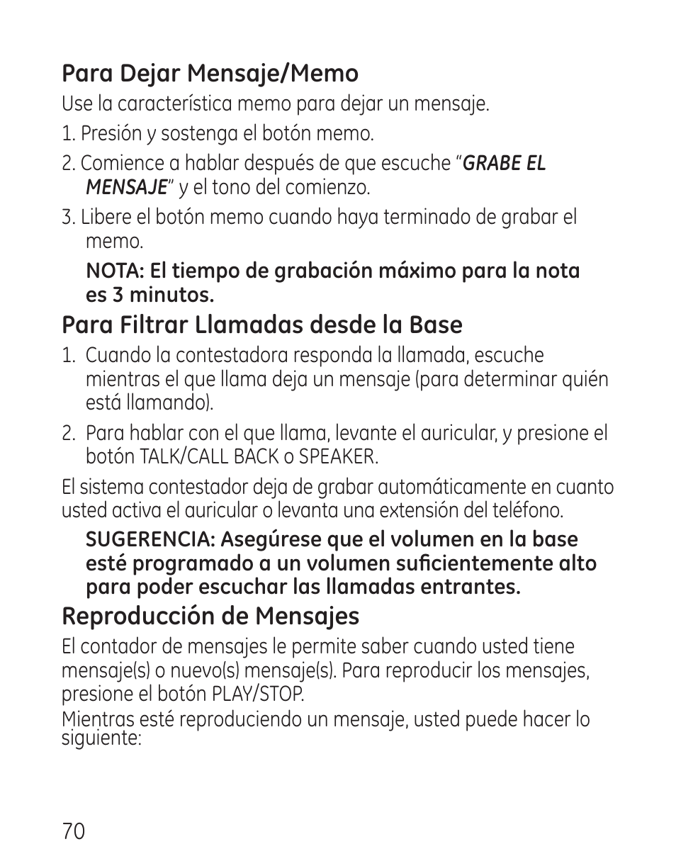 Para filtrar llamadas desde la base, Reproducción de mensajes | GE 29115 Series User Manual | Page 168 / 196