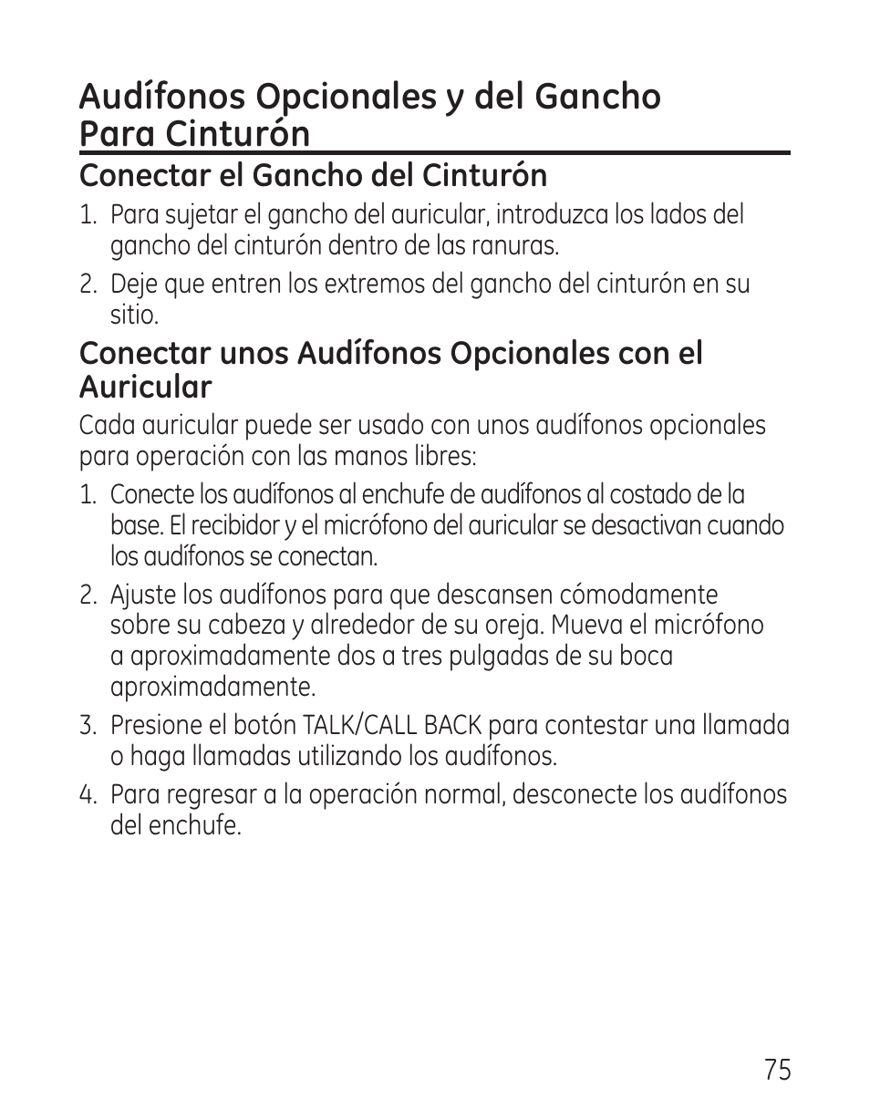 Audífonos opcionales y del gancho para cinturón | GE 29115 Series User Manual | Page 173 / 196