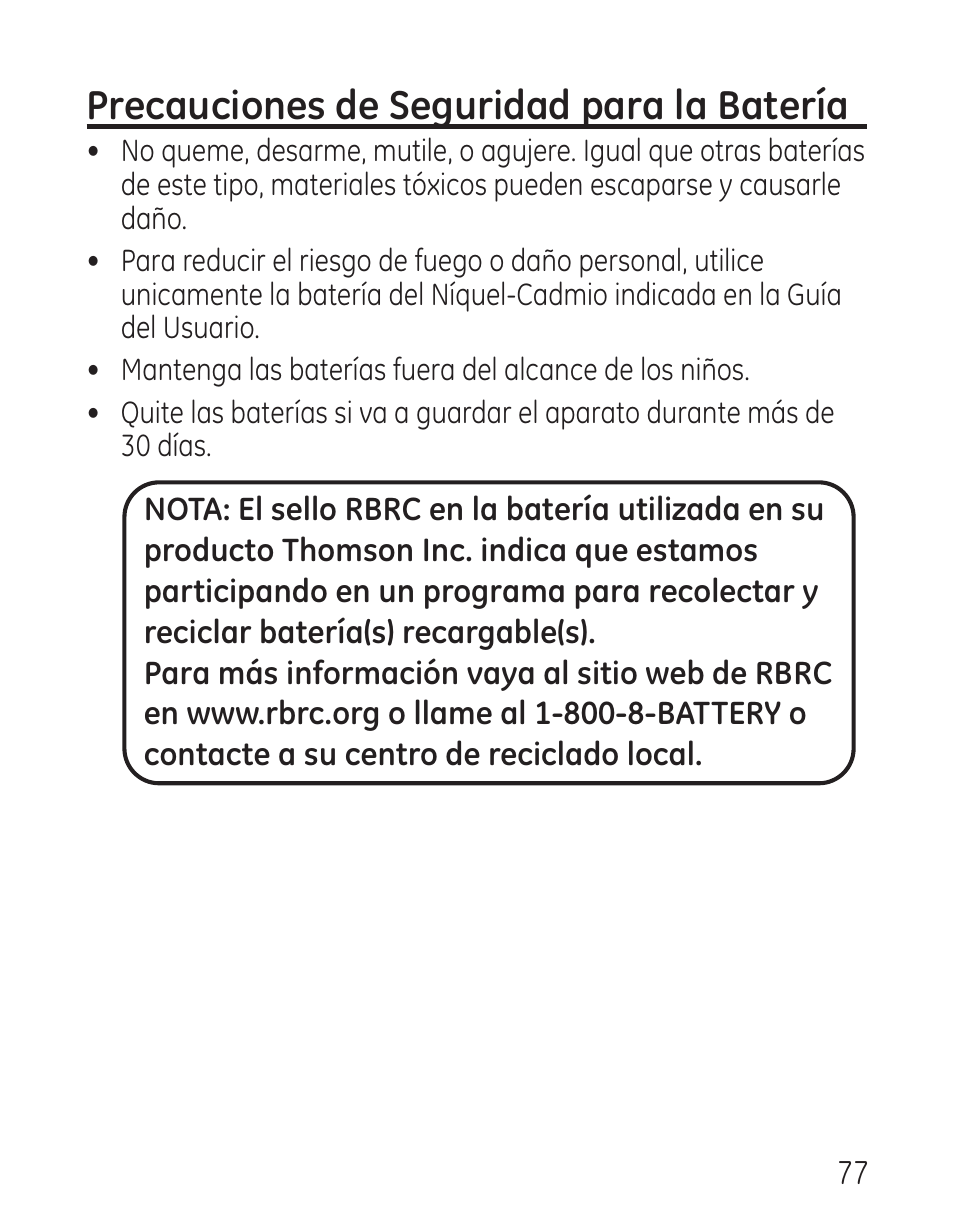 Precauciones de seguridad para la batería | GE 29115 Series User Manual | Page 175 / 196