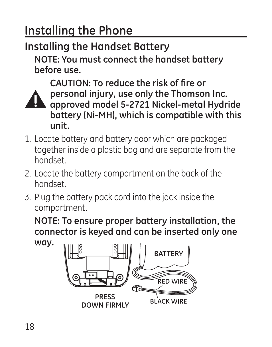 Installing the phone, Installing the handset battery | GE 29115 Series User Manual | Page 18 / 196