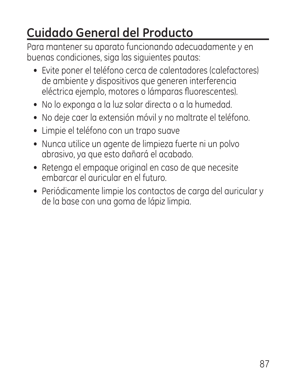 Cuidado general del producto | GE 29115 Series User Manual | Page 185 / 196