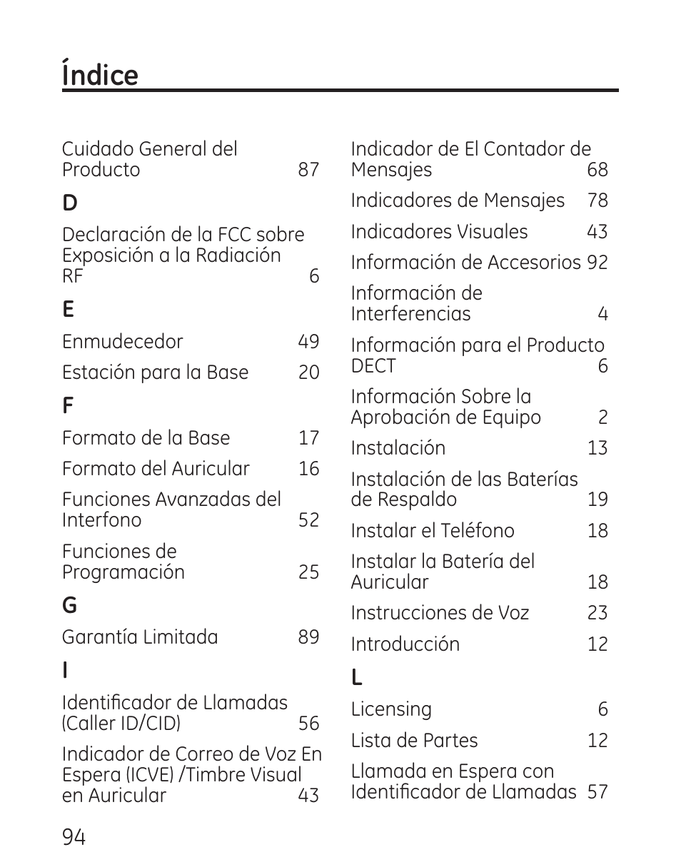 Índice | GE 29115 Series User Manual | Page 192 / 196