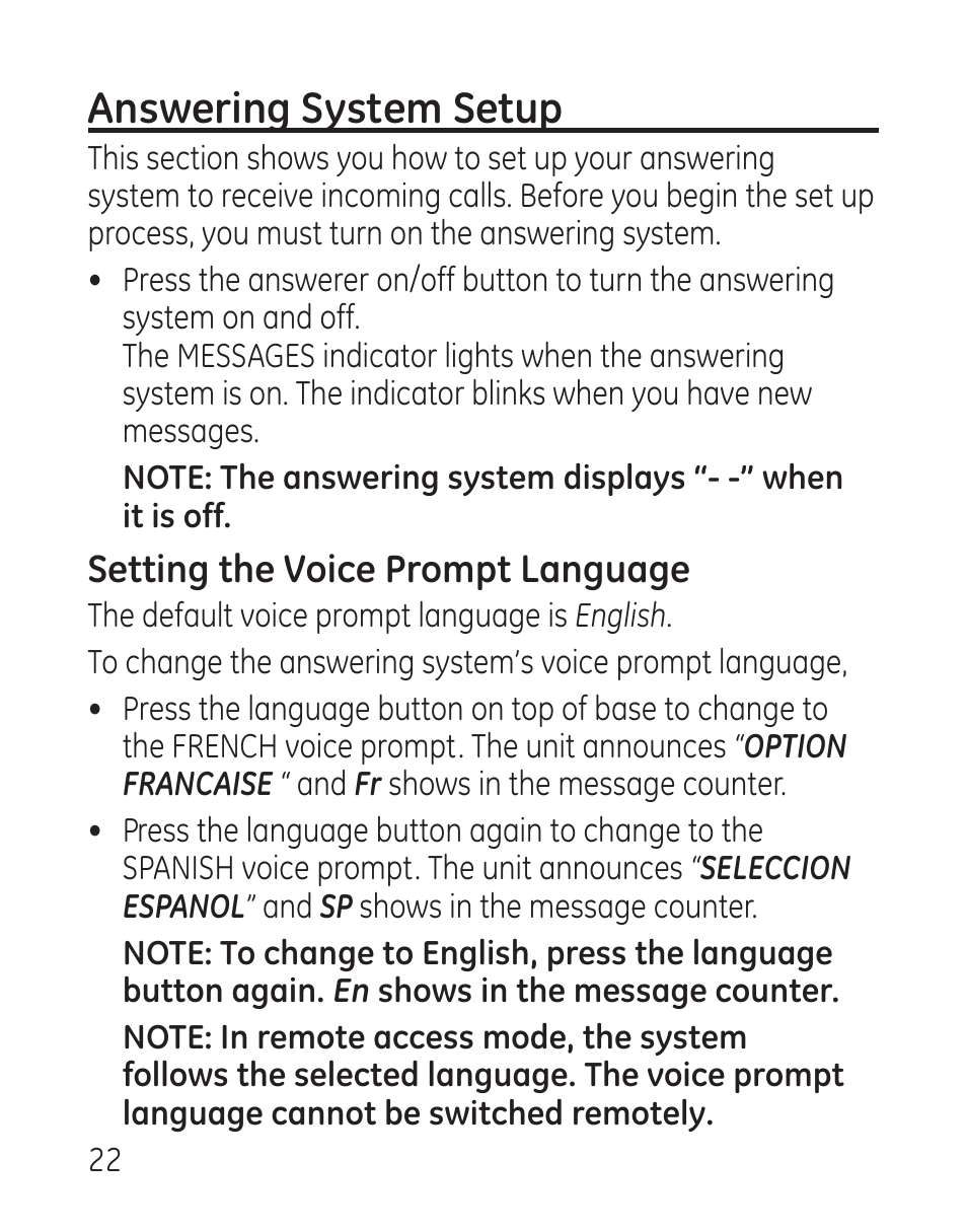 Answering system setup, Setting the voice prompt language | GE 29115 Series User Manual | Page 22 / 196