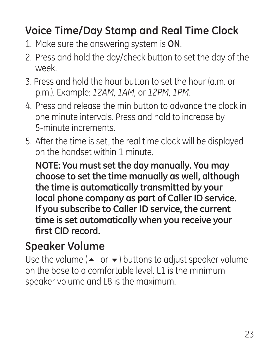 Voice time/day stamp and real time clock, Speaker volume | GE 29115 Series User Manual | Page 23 / 196