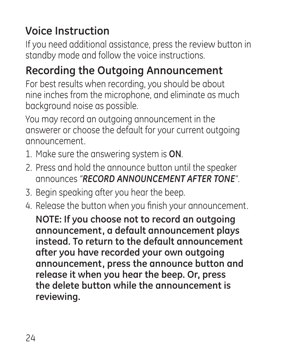 Voice instruction, Recording the outgoing announcement | GE 29115 Series User Manual | Page 24 / 196