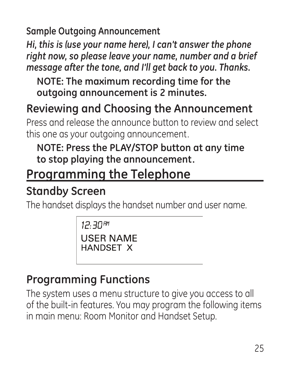 Programming the telephone, Reviewing and choosing the announcement, Standby screen | Programming functions | GE 29115 Series User Manual | Page 25 / 196