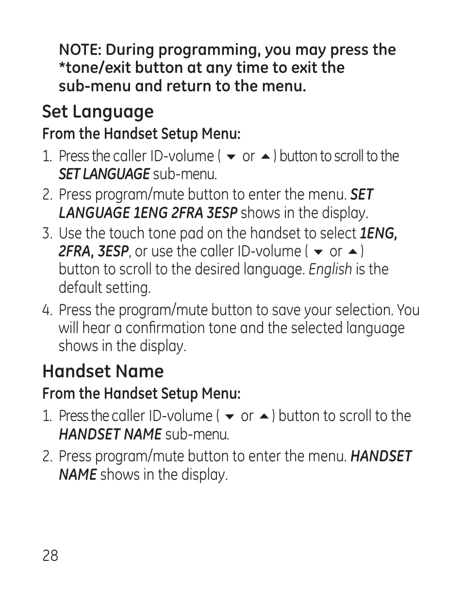 Set language, Handset name | GE 29115 Series User Manual | Page 28 / 196