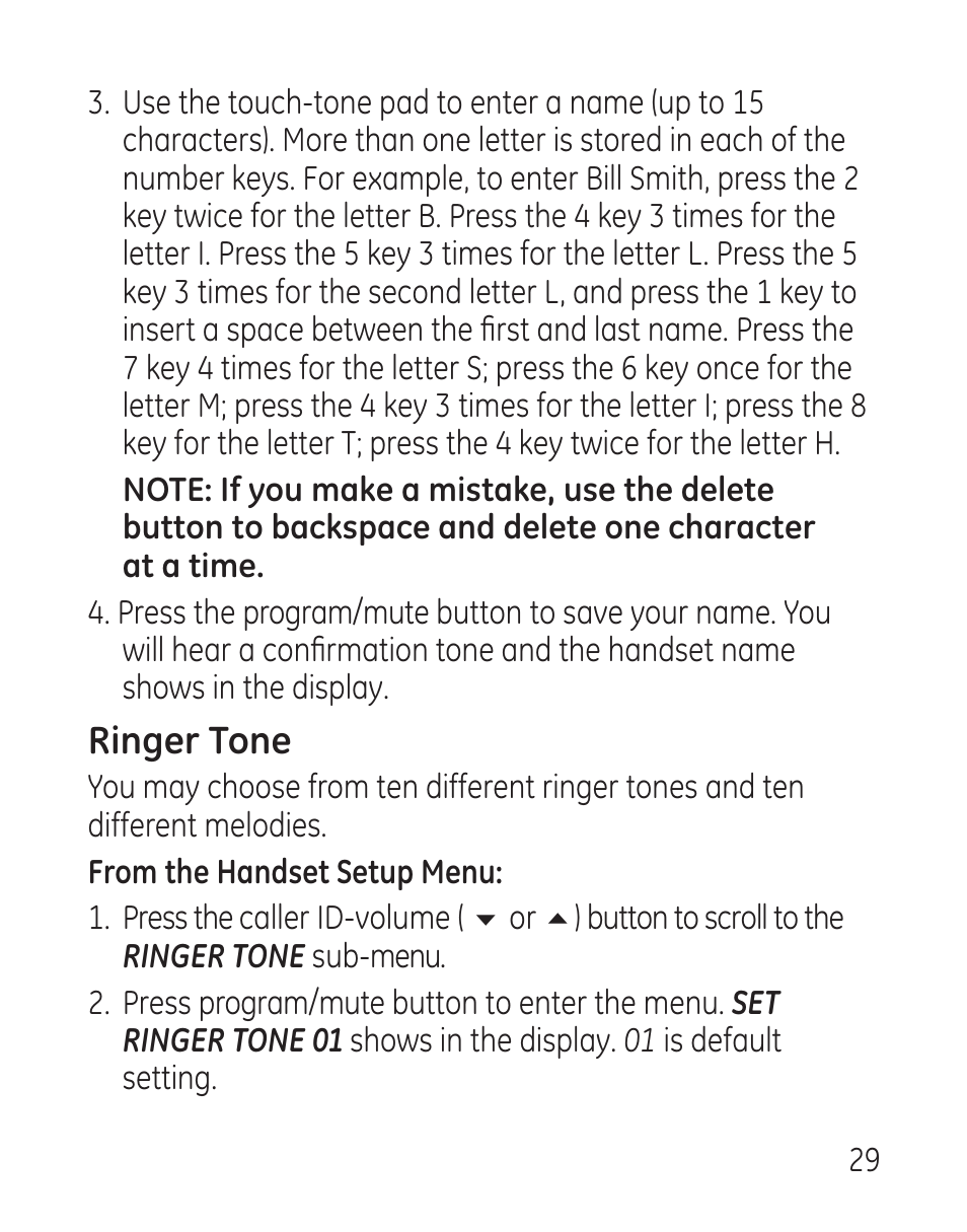 Ringer tone | GE 29115 Series User Manual | Page 29 / 196