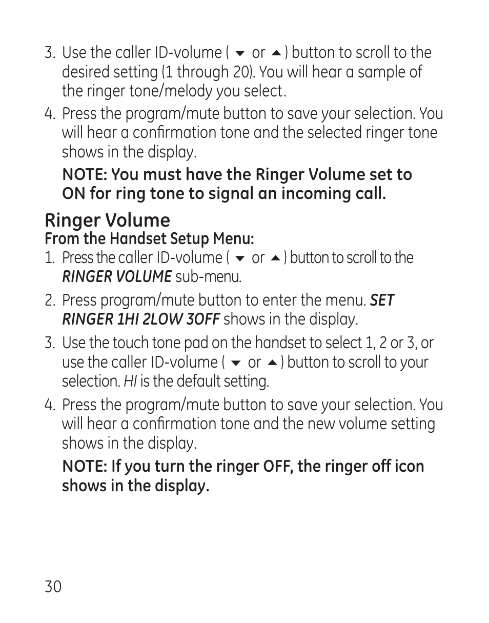 Ringer volume | GE 29115 Series User Manual | Page 30 / 196