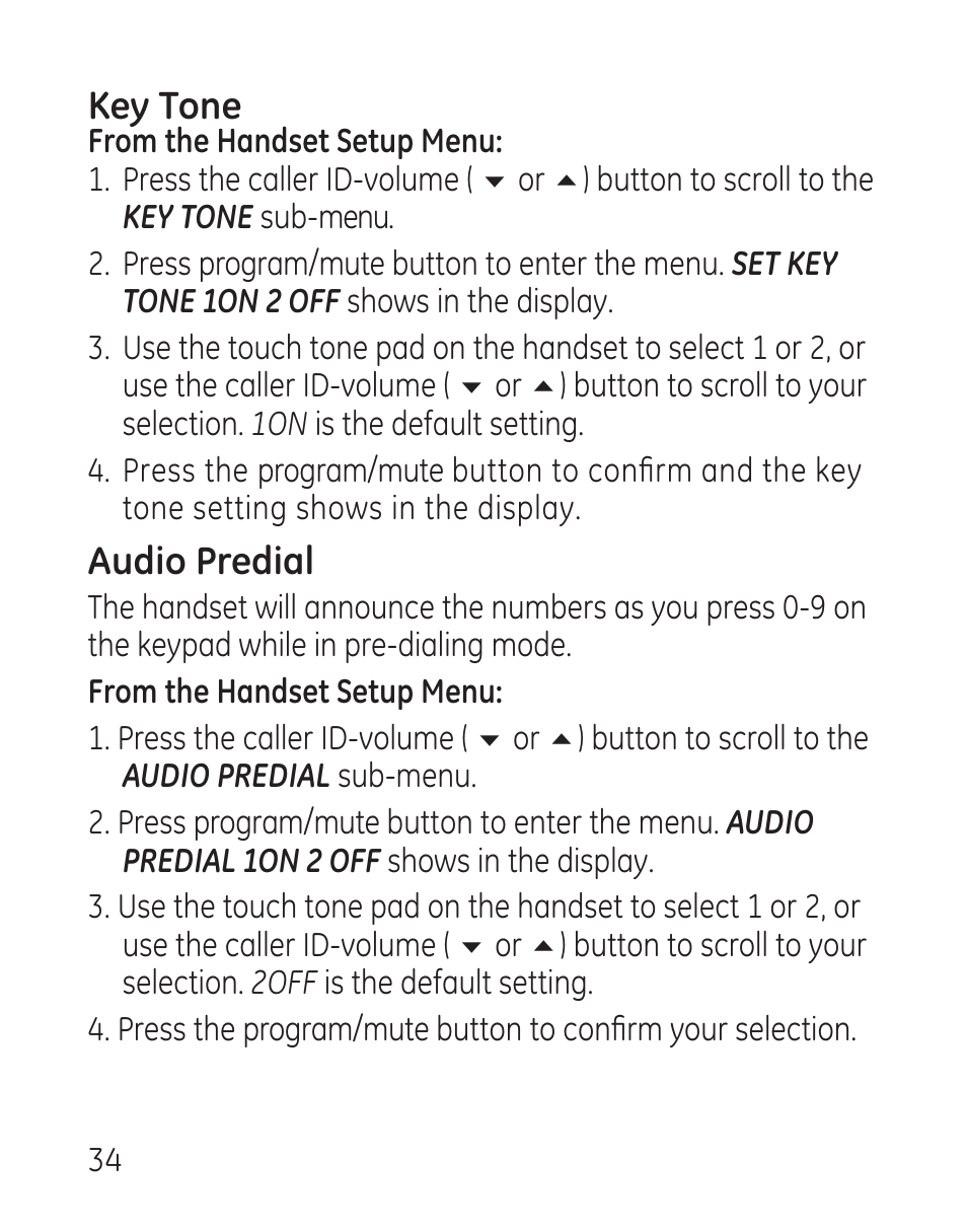 Key tone, Audio predial | GE 29115 Series User Manual | Page 34 / 196