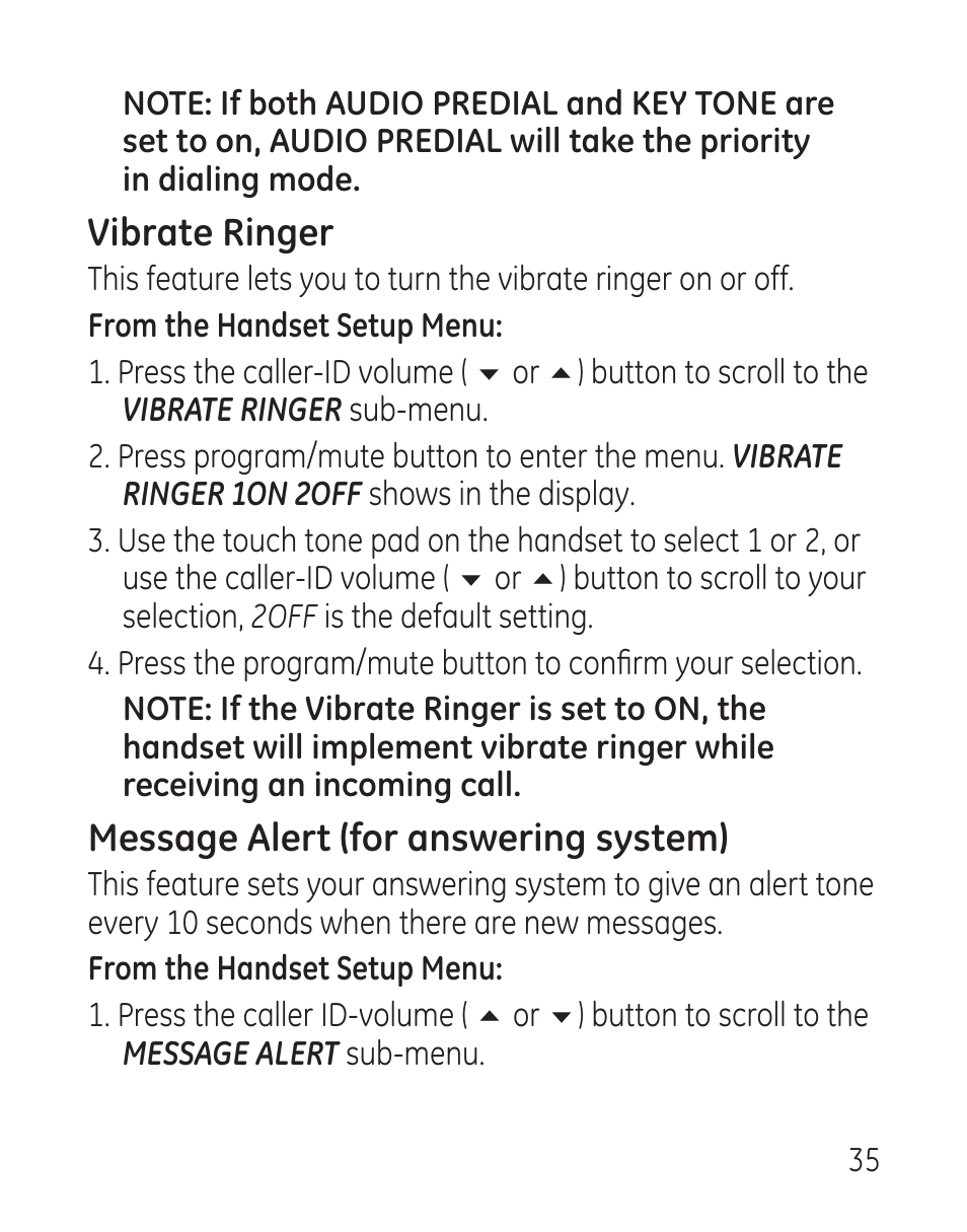 Vibrate ringer, Message alert (for answering system) | GE 29115 Series User Manual | Page 35 / 196