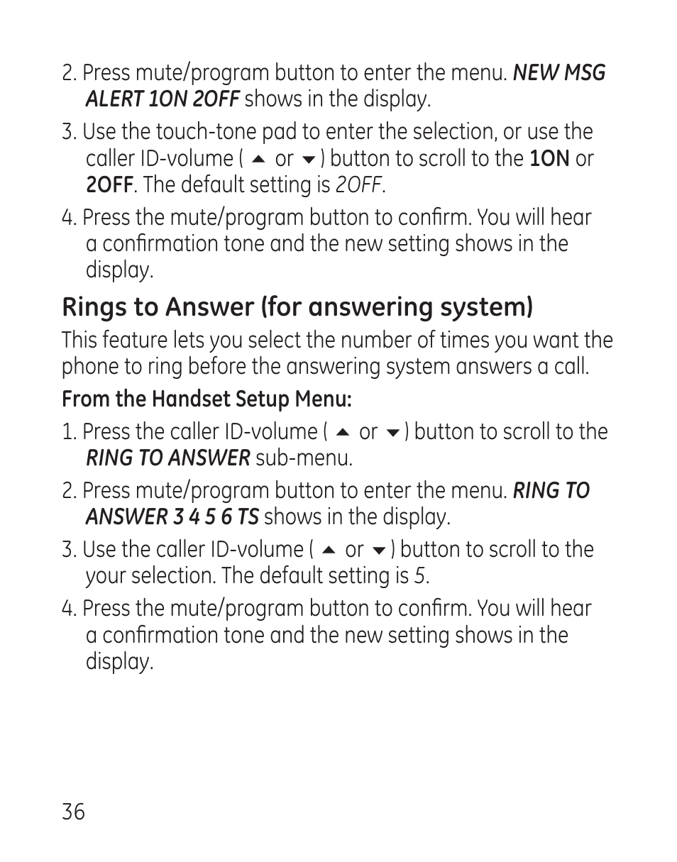 Rings to answer (for answering system) | GE 29115 Series User Manual | Page 36 / 196