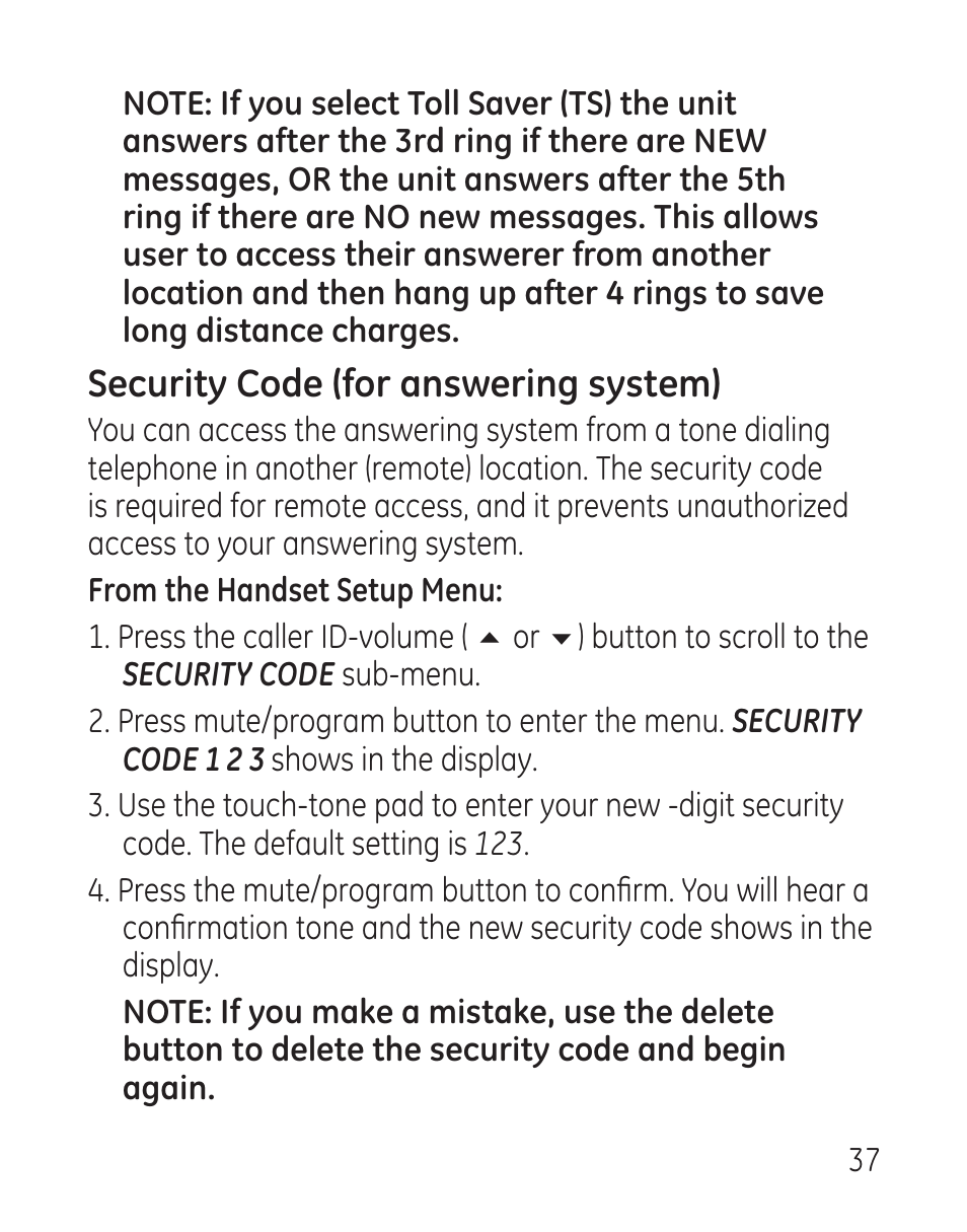 Security code (for answering system) | GE 29115 Series User Manual | Page 37 / 196