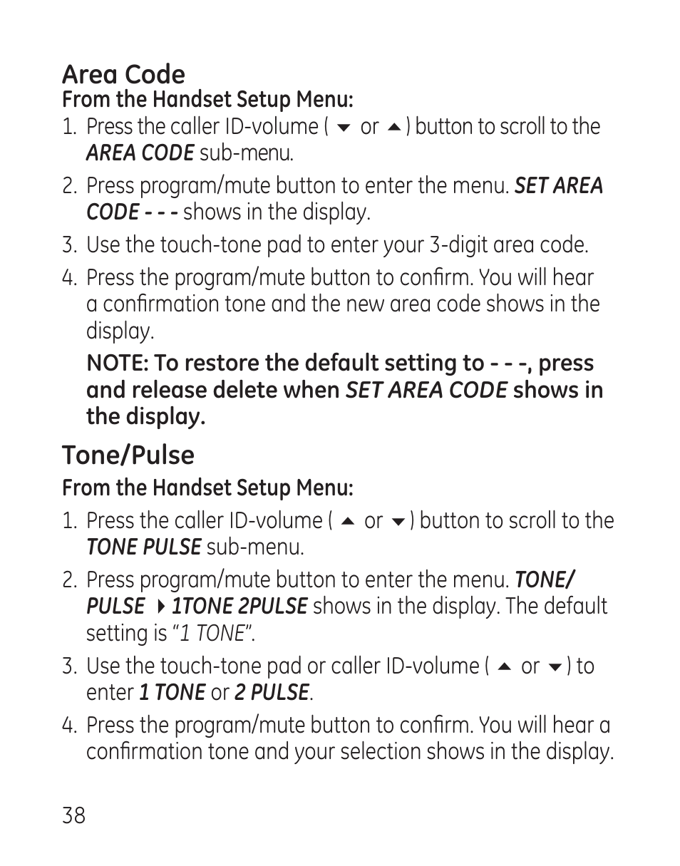 Area code, Tone/pulse | GE 29115 Series User Manual | Page 38 / 196