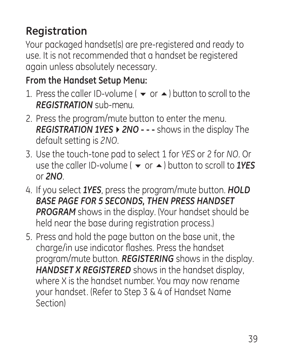 Registration | GE 29115 Series User Manual | Page 39 / 196