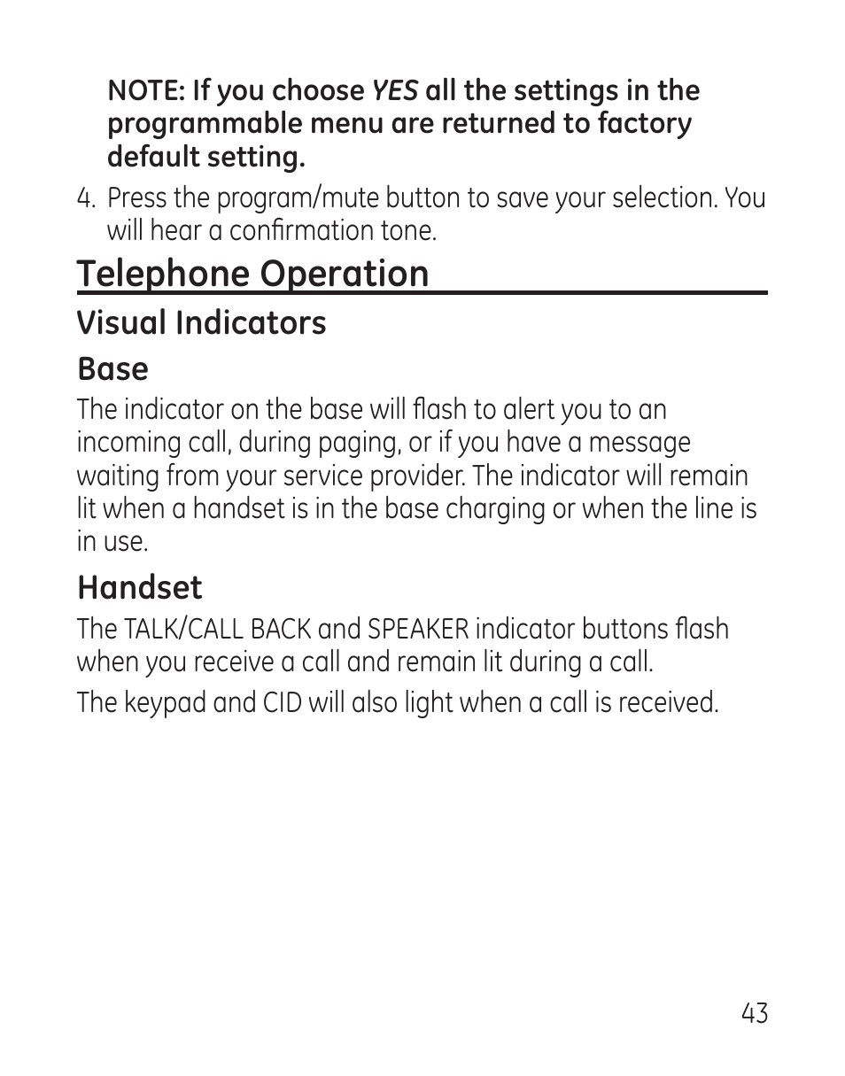 Telephone operation, Visual indicators base, Handset | GE 29115 Series User Manual | Page 43 / 196