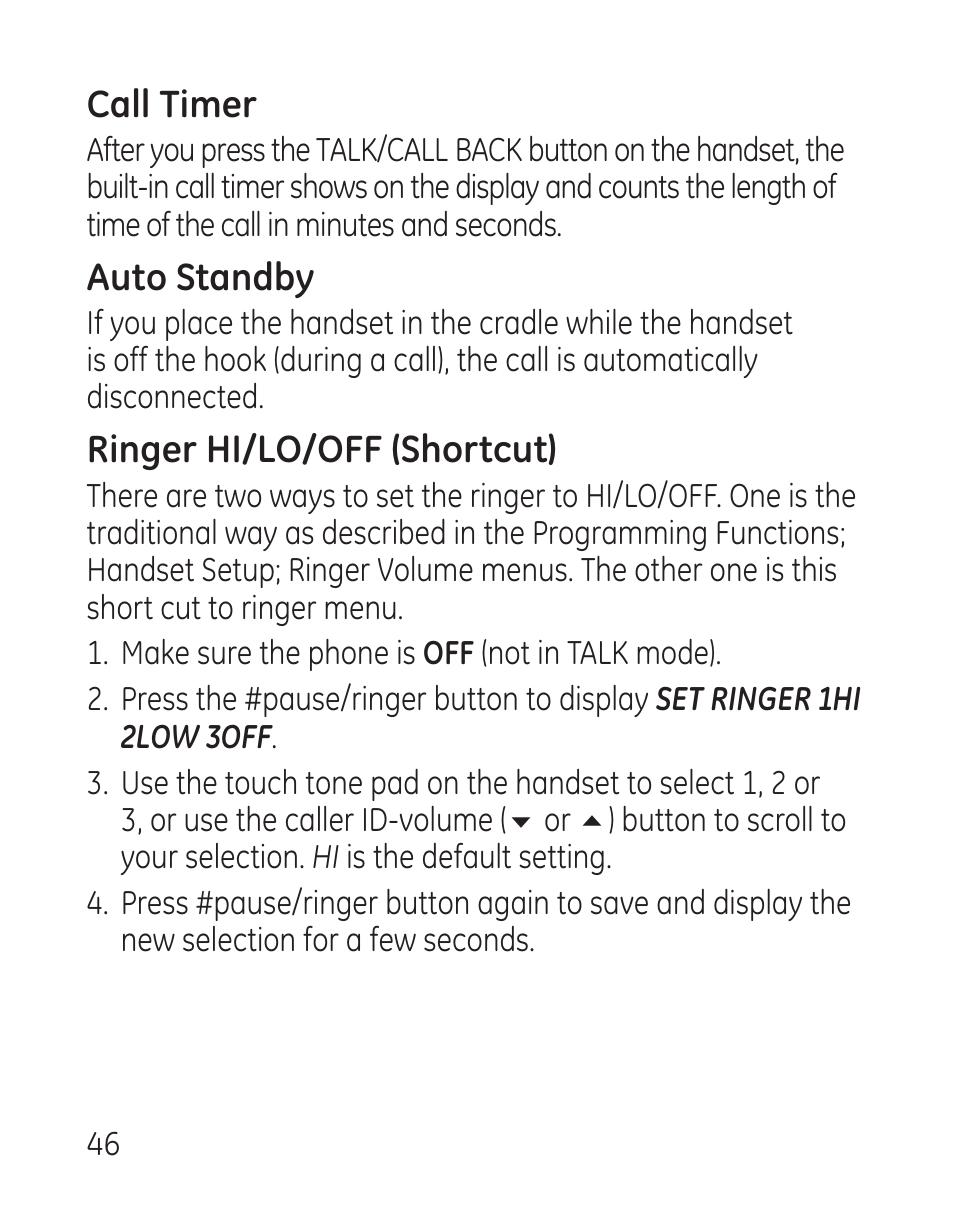 Call timer, Auto standby, Ringer hi/lo/off (shortcut) | GE 29115 Series User Manual | Page 46 / 196