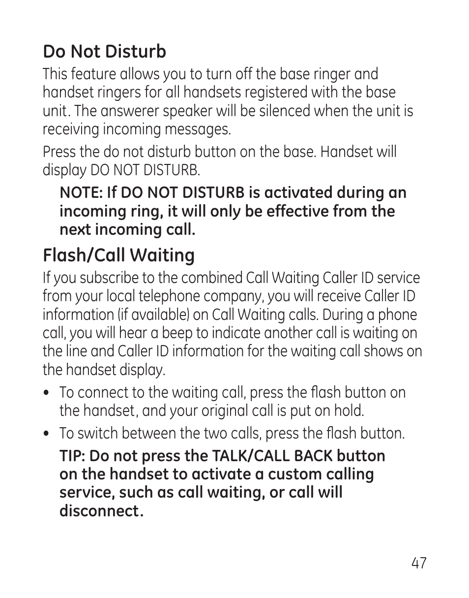 Do not disturb, Flash/call waiting | GE 29115 Series User Manual | Page 47 / 196