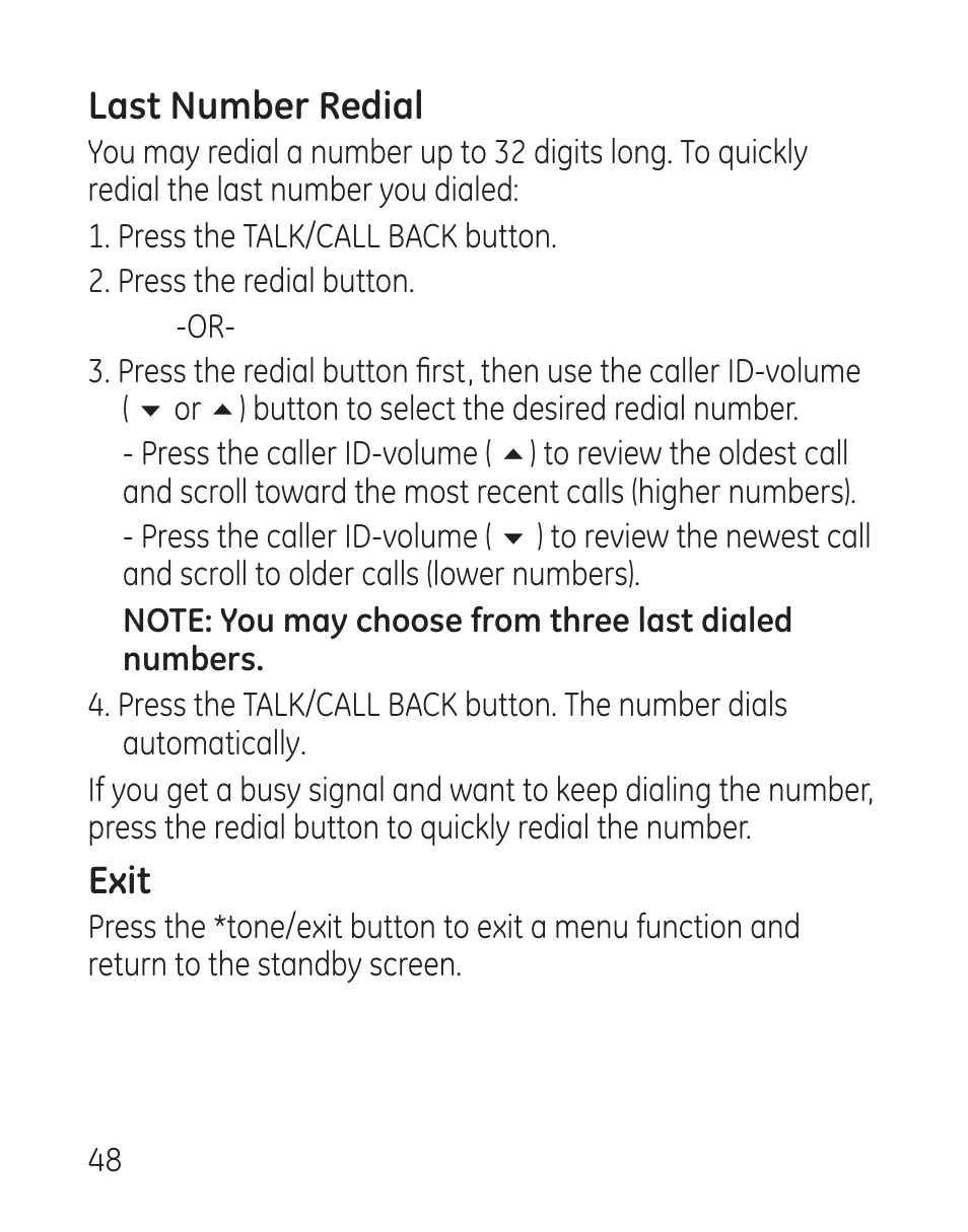 Last number redial, Exit | GE 29115 Series User Manual | Page 48 / 196