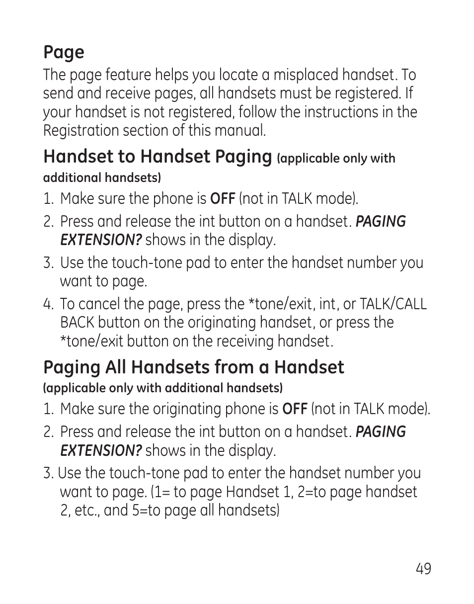 Page, Handset to handset paging, Paging all handsets from a handset | GE 29115 Series User Manual | Page 49 / 196