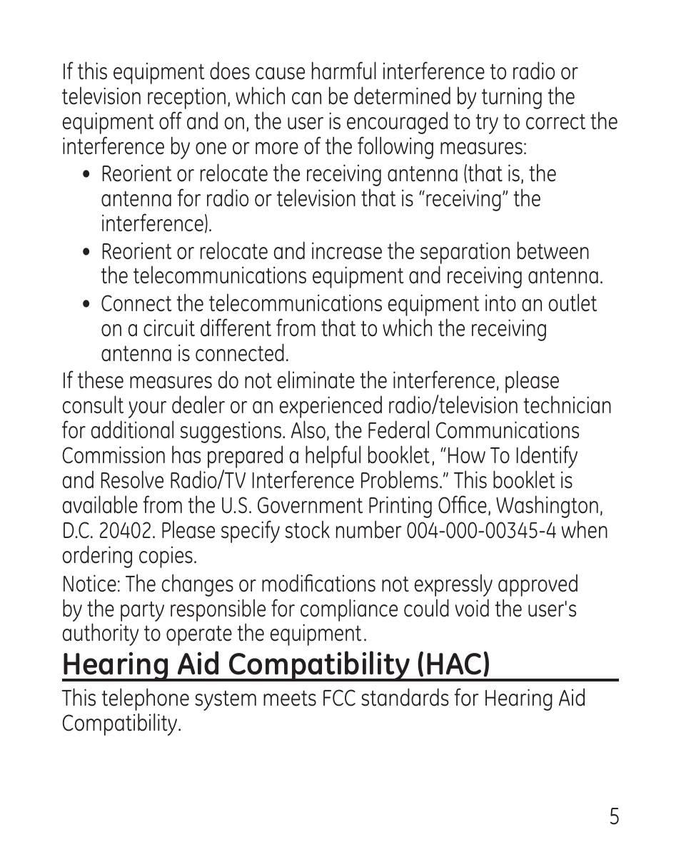 Hearing aid compatibility (hac) | GE 29115 Series User Manual | Page 5 / 196