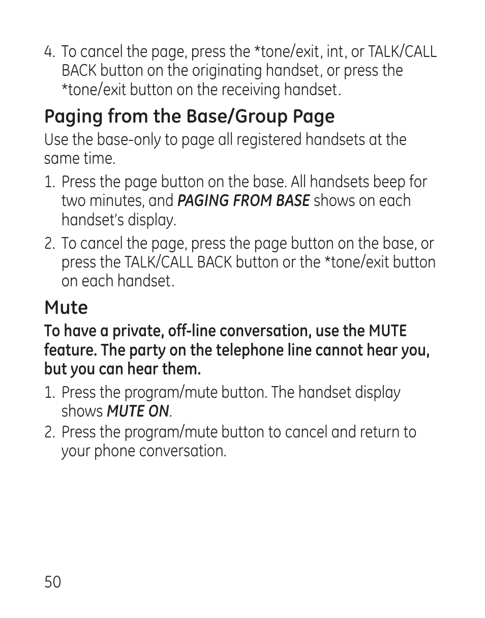 Paging from the base/group page, Mute | GE 29115 Series User Manual | Page 50 / 196