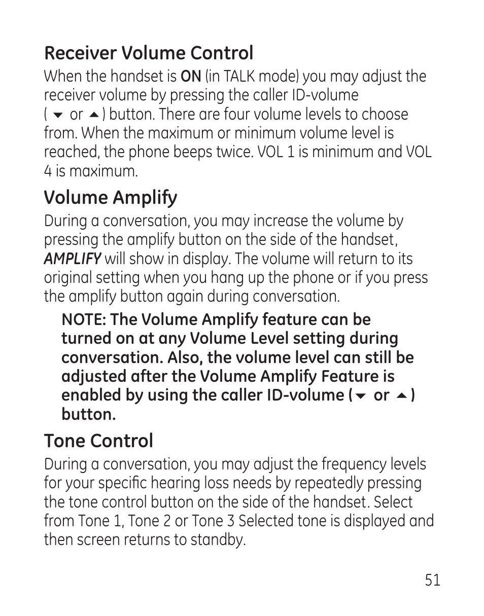 Receiver volume control, Volume amplify, Tone control | GE 29115 Series User Manual | Page 51 / 196