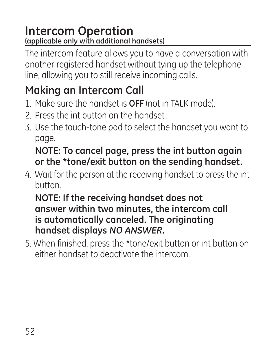 Intercom operation, Making an intercom call | GE 29115 Series User Manual | Page 52 / 196