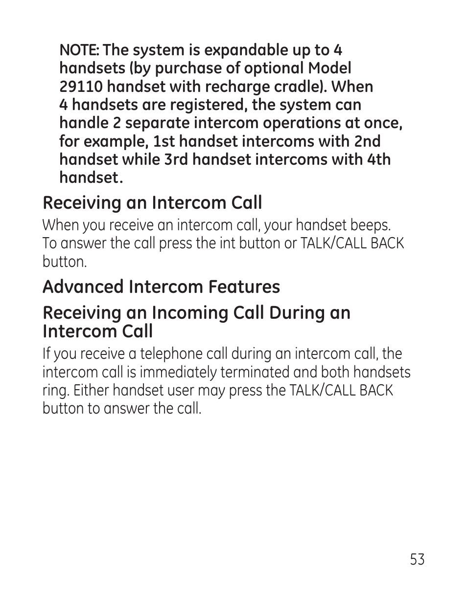 Receiving an intercom call | GE 29115 Series User Manual | Page 53 / 196