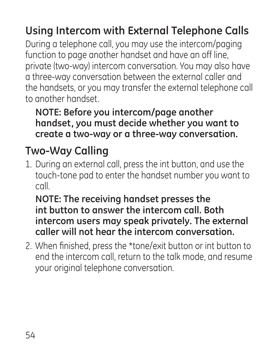 Using intercom with external telephone calls, Two-way calling | GE 29115 Series User Manual | Page 54 / 196