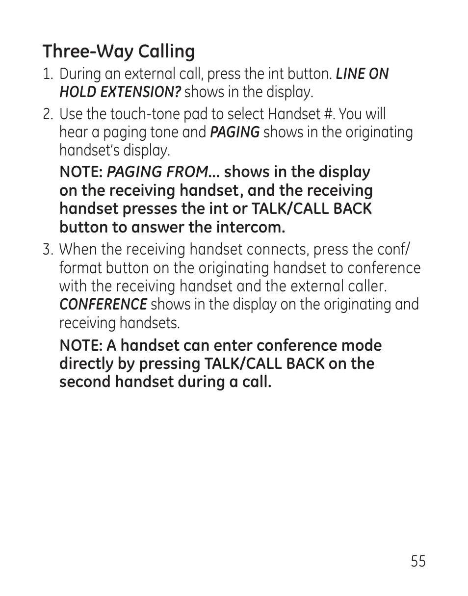Three-way calling | GE 29115 Series User Manual | Page 55 / 196