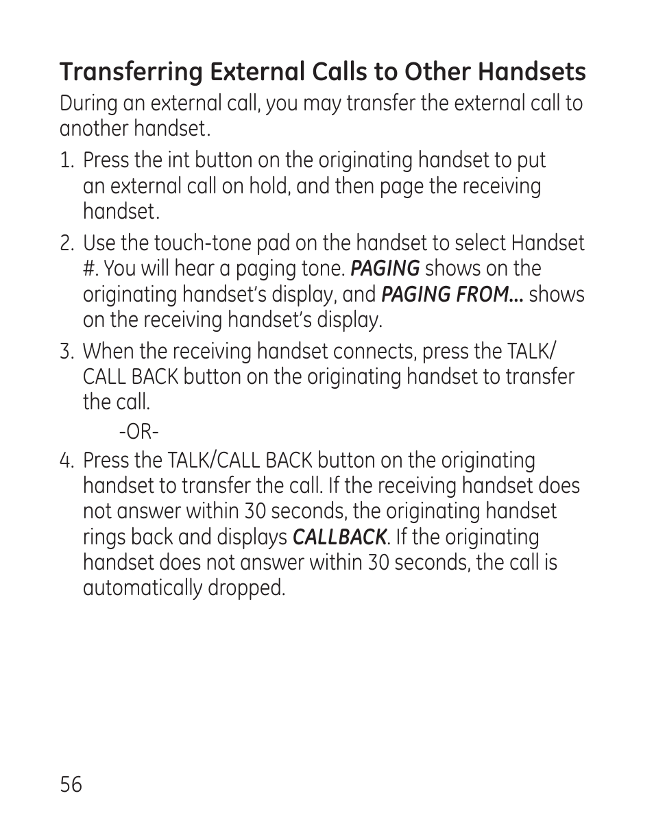 Transferring external calls to other handsets | GE 29115 Series User Manual | Page 56 / 196